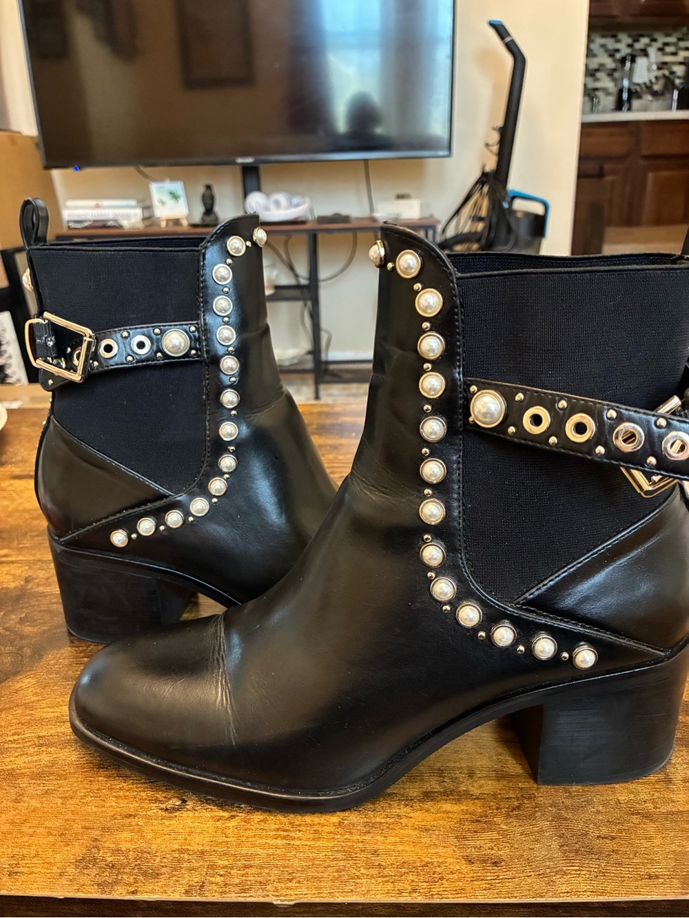ZARA - Black Pearl-Trim Ankle Boots 9.5